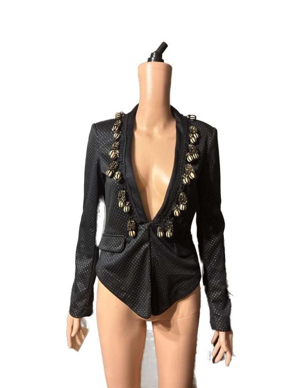 Material Girl Black Polka Dot Embellished Blazer with Decorative Ball Accents